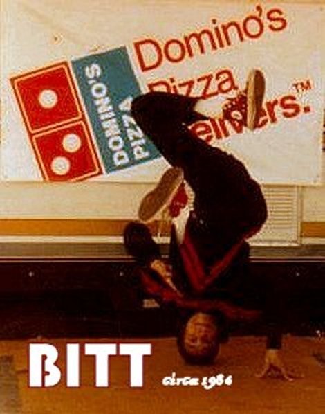 Amin ('Bitt') in a headstand freeze, 1986